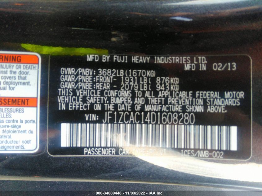 2013 SUBARU BRZ LIMITED JF1ZCAC14D1608280