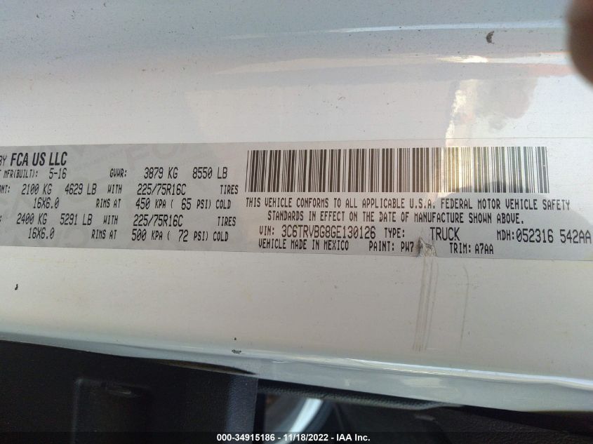 2016 RAM PROMASTER CARGO VAN 3C6TRVBG8GE130126