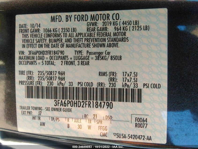 2015 FORD FUSION SE 3FA6P0HD2FR184790