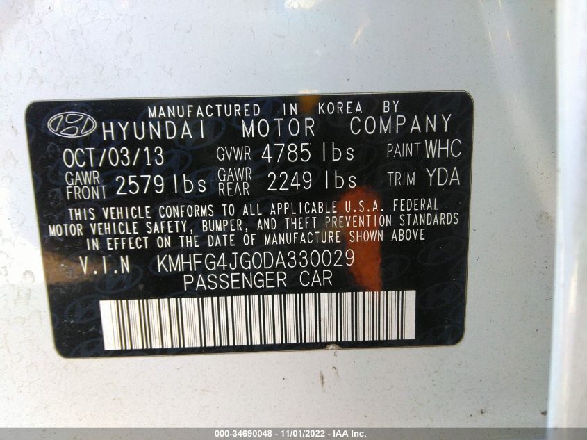 2013 HYUNDAI AZERA KMHFG4JG0DA330029