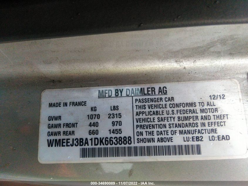 2013 SMART FORTWO PURE/PASSION WMEEJ3BA1DK663888