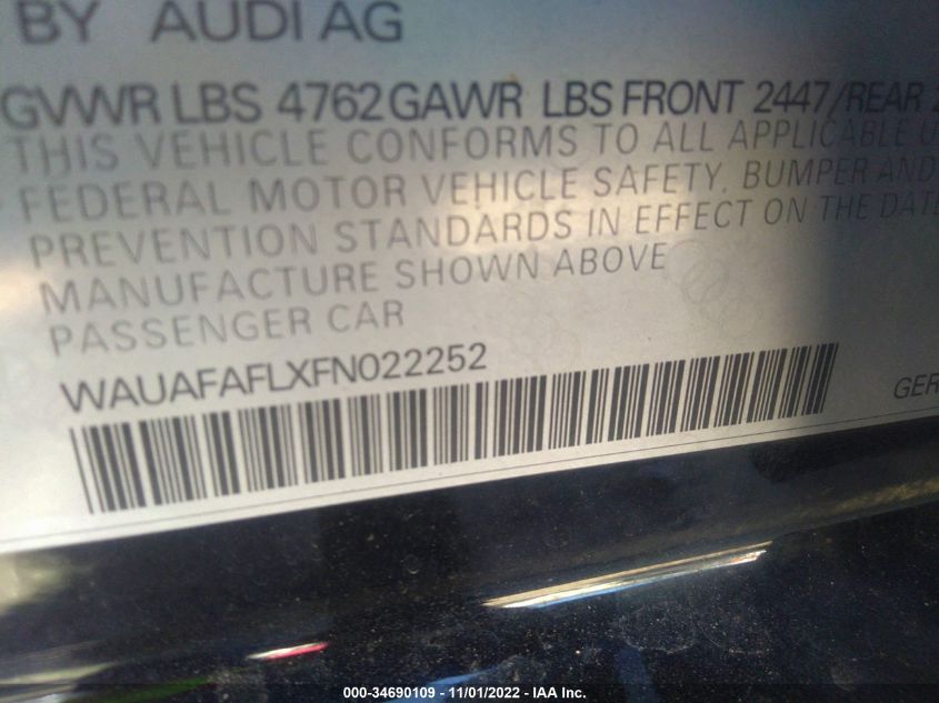 2015 AUDI A4 PREMIUM WAUAFAFLXFN022252