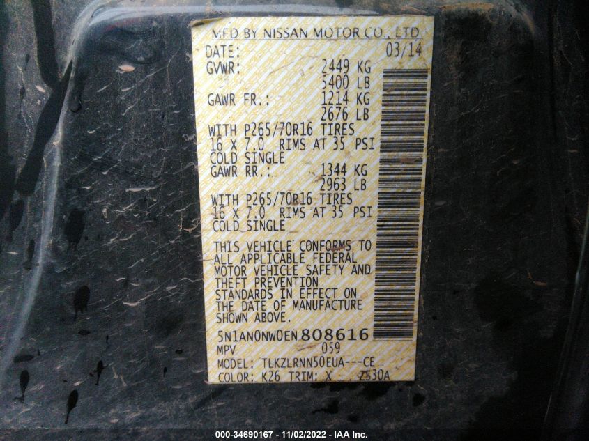2014 NISSAN XTERRA S 5N1AN0NW0EN808616