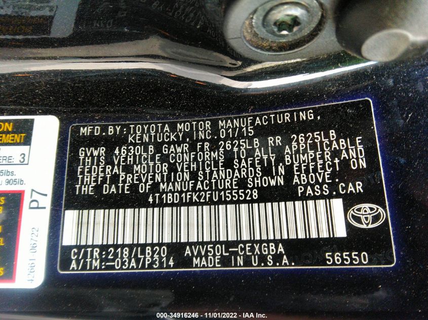 2015 TOYOTA CAMRY HYBRID LE/XLE/SE 4T1BD1FK2FU155528