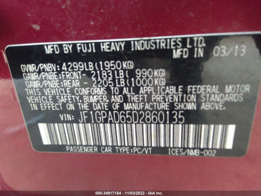 2013 SUBARU IMPREZA WAGON 2.0I PREMIUM JF1GPAD65D2860135