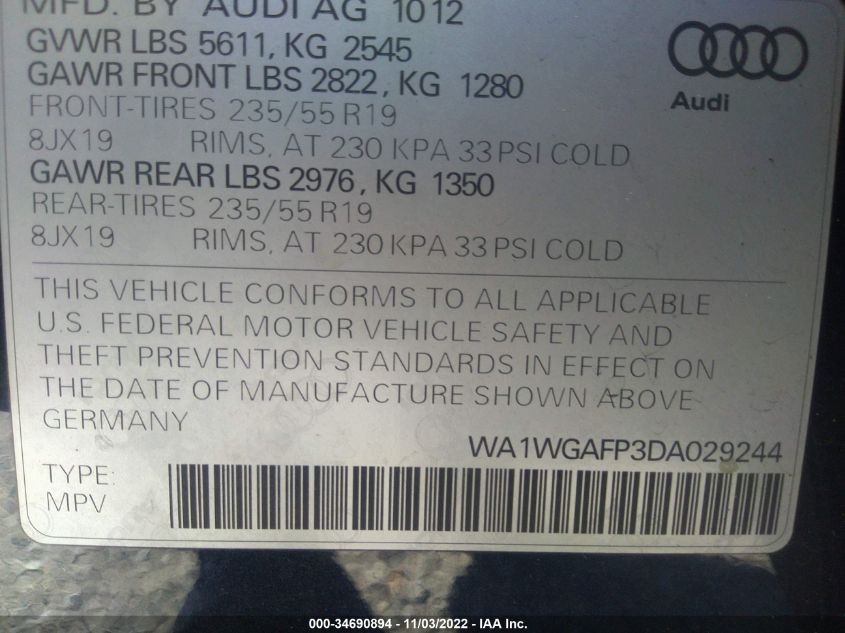 2013 AUDI Q5 PRESTIGE WA1WGAFP3DA029244