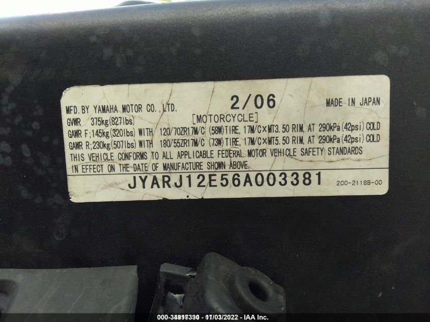 2006 YAMAHA YZFR6 L JYARJ12E56A003381