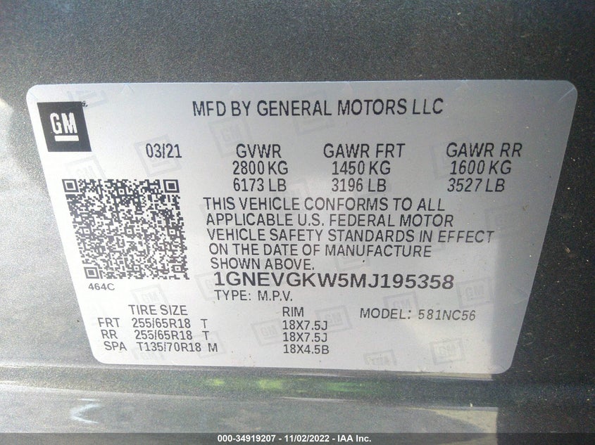 VIN 1GNEVGKW5MJ195358 2021 CHEVROLET TRAVERSE LT CLOTH
