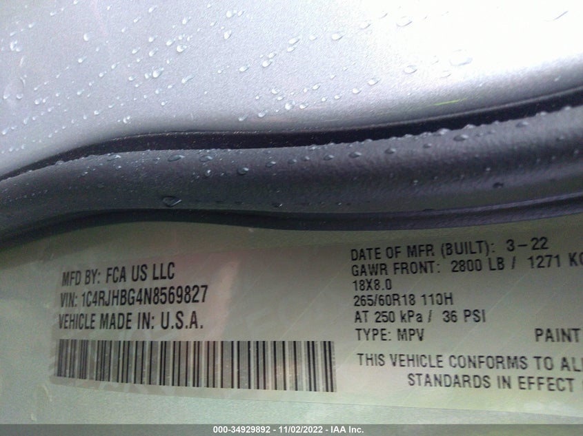 Auction sale of the 2022 Jeep Grand Cherokee , vin: 1C4RJHBG4N8569827, lot number: 34929892