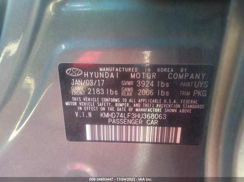 VIN KMHD74LF3HU368063 2017 HYUNDAI ELANTRA SE