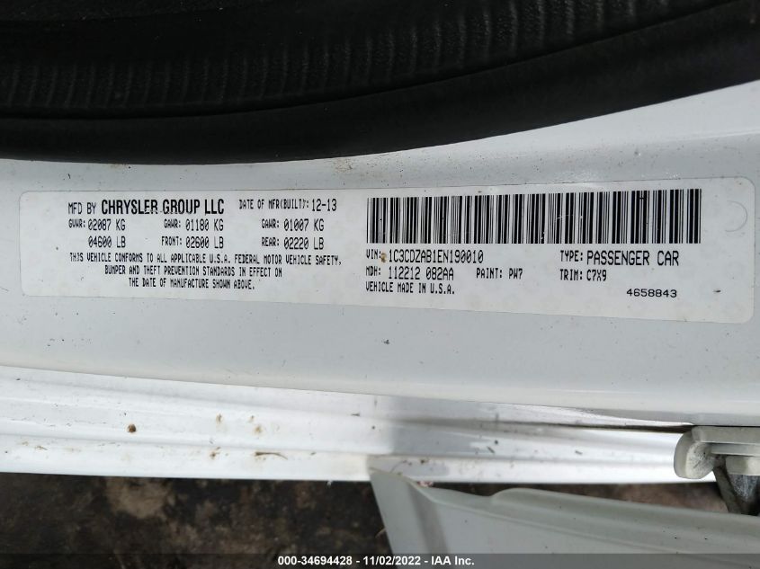 2014 DODGE AVENGER SE 1C3CDZAB1EN190010
