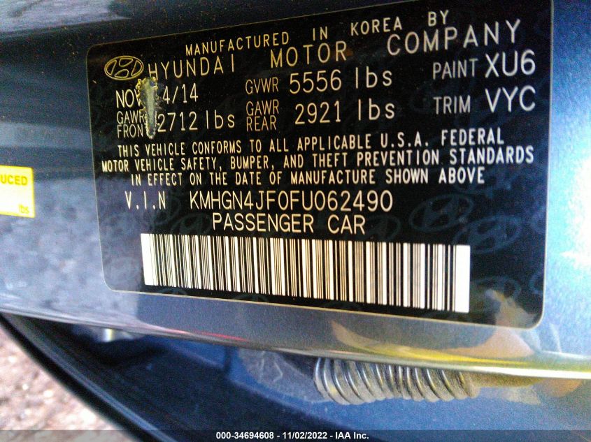 2015 HYUNDAI GENESIS 5.0L KMHGN4JF0FU062490