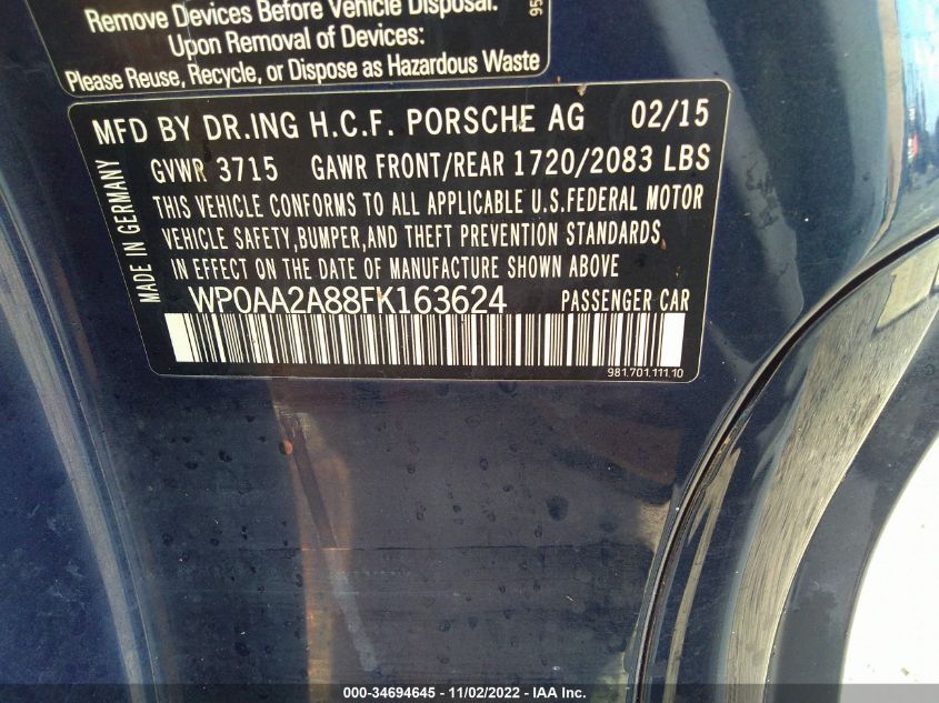 2015 PORSCHE CAYMAN WP0AA2A88FK163624