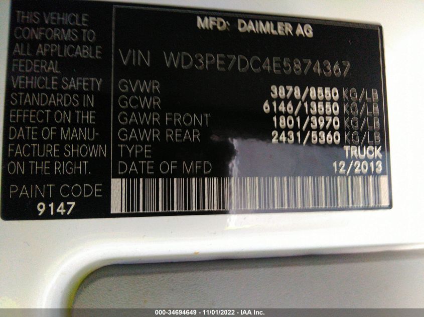 2014 MERCEDES-BENZ SPRINTER CARGO VANS WD3PE7DC4E5874367