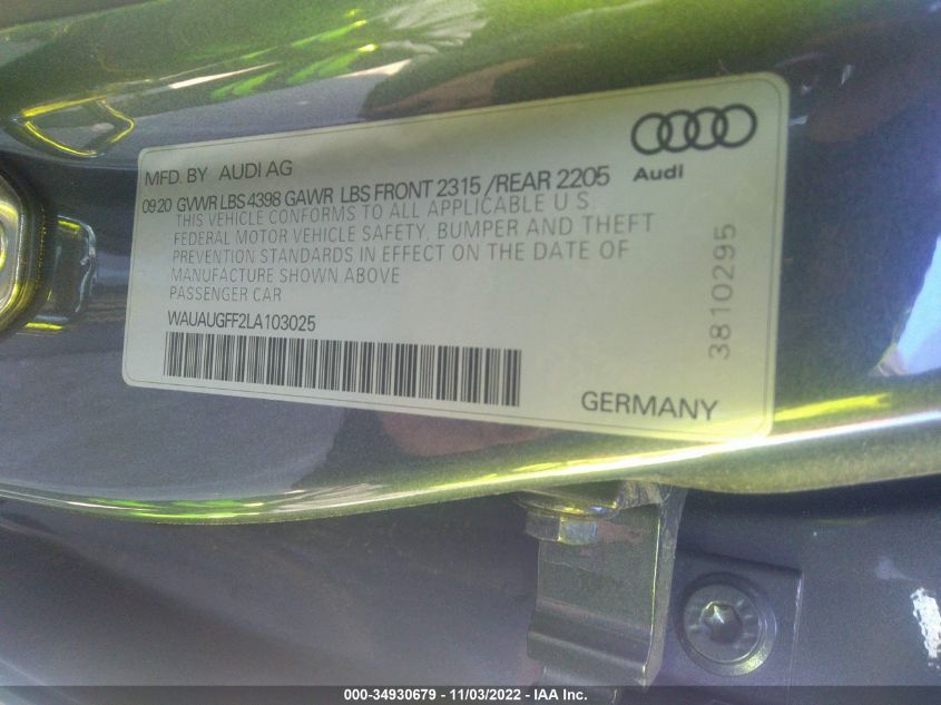 2020 AUDI A3 SEDAN PREMIUM WAUAUGFF2LA103025
