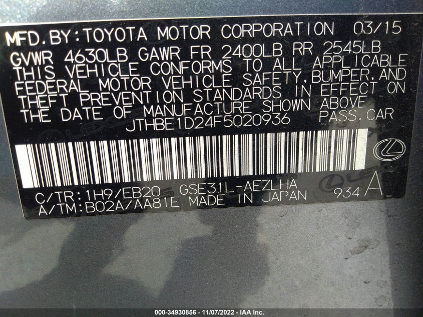 2015 LEXUS IS 350 JTHBE1D24F5020936