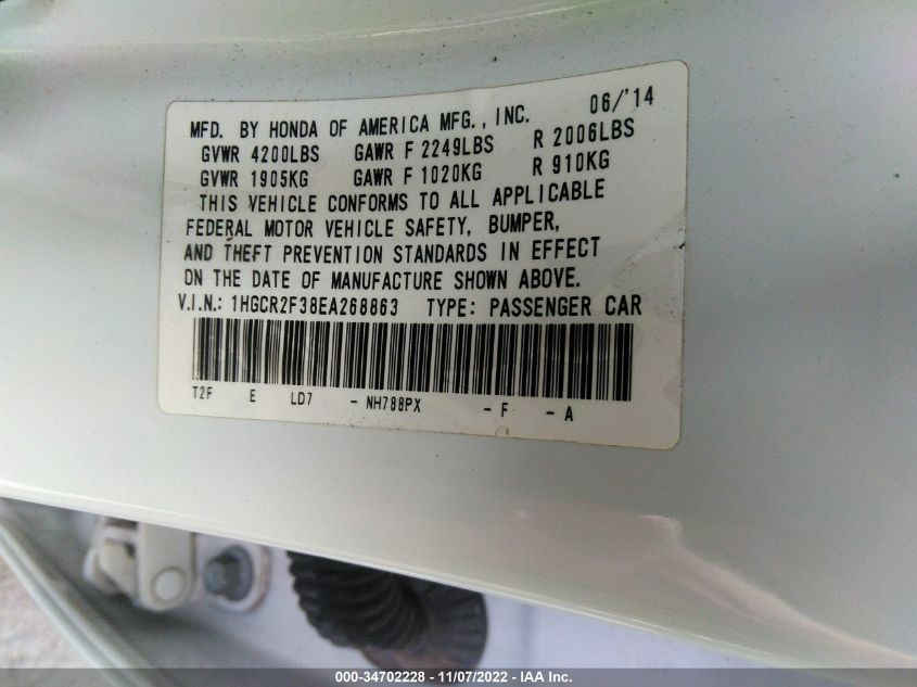 2014 HONDA ACCORD SDN LX 1HGCR2F38EA268863