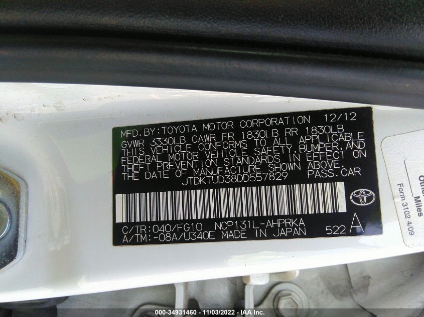 2013 TOYOTA YARIS L/LE/SE JTDKTUD38DD557829