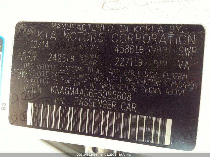 2015 KIA OPTIMA HYBRID KNAGM4AD6F5085608