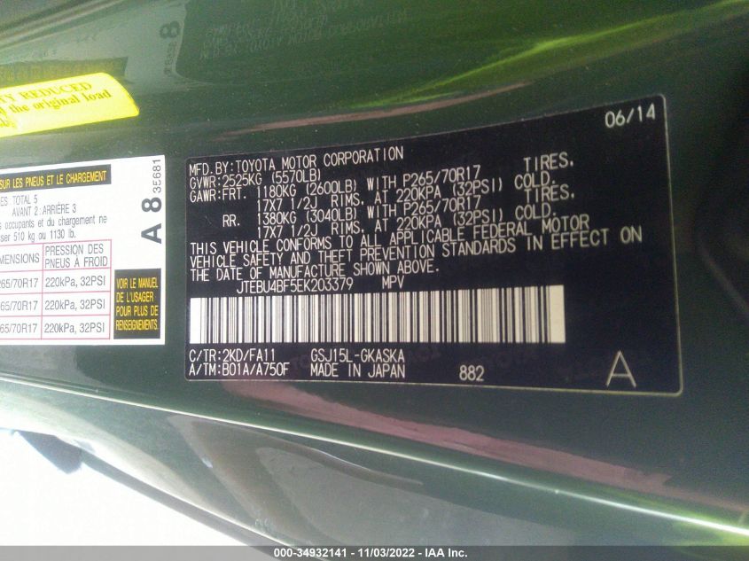 2014 TOYOTA FJ CRUISER JTEBU4BF5EK203379