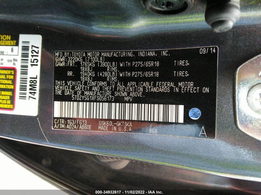 2015 TOYOTA SEQUOIA SR5 5TDZY5G1XFS056173