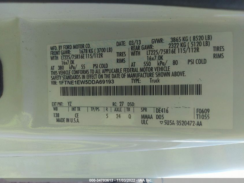 2013 FORD ECONOLINE CARGO VAN COMMERCIAL/RECREATIONAL 1FTNE1EW5DDA69193