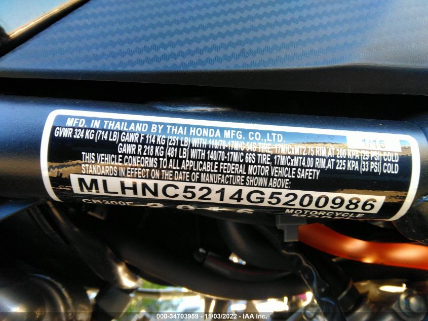 2016 HONDA CB300 F MLHNC5214G5200986