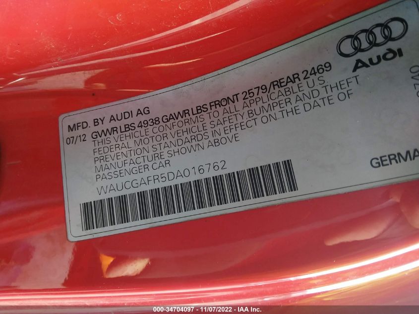 2013 AUDI S5 PREMIUM PLUS - WAUCGAFR5DA016762