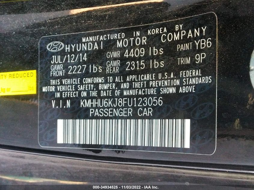 2015 HYUNDAI GENESIS COUPE 3.8L BASE KMHHU6KJ8FU123056