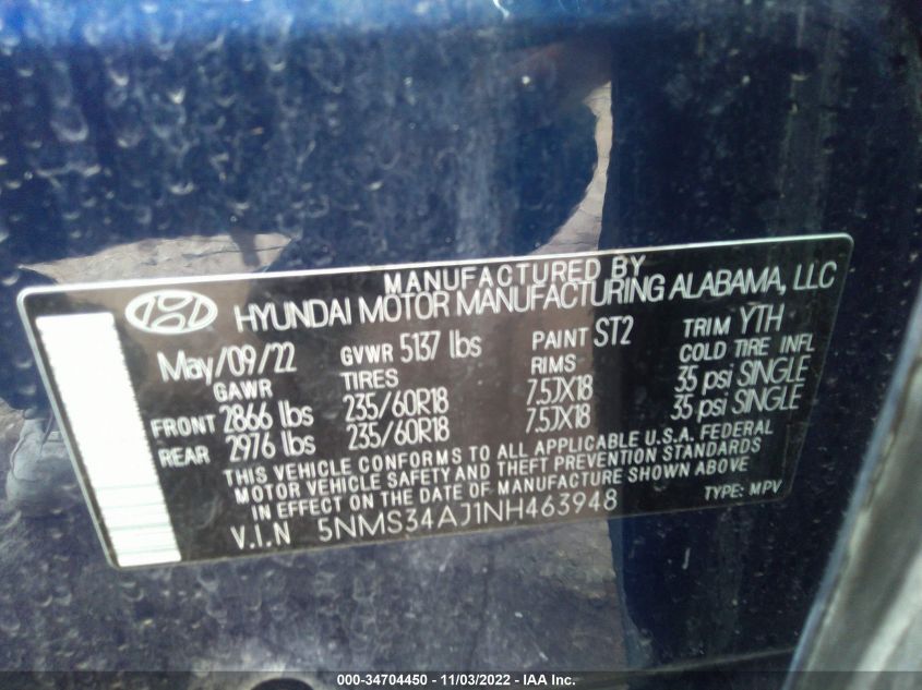 VIN 5NMS34AJ1NH463948 2022 HYUNDAI SANTA FE SEL