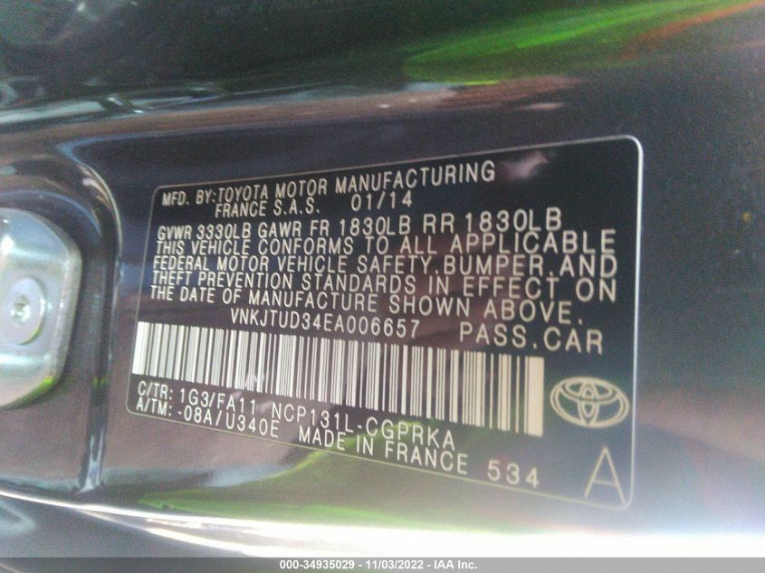 2014 TOYOTA YARIS L/LE VNKJTUD34EA006657