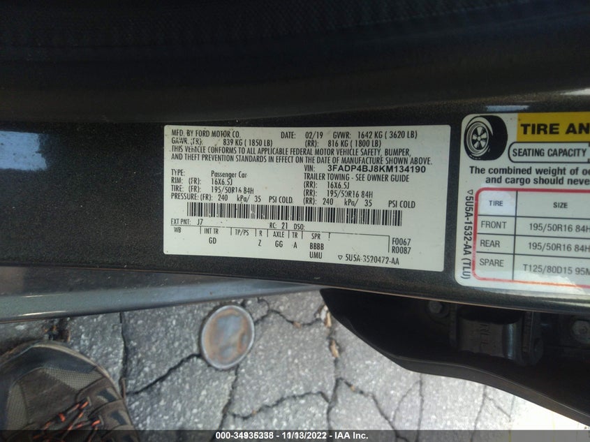 VIN 3FADP4BJ8KM134190 2019 FORD FIESTA SE
