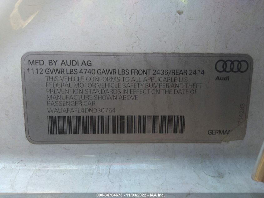 2013 AUDI A4 PREMIUM WAUAFAFL4DN030764