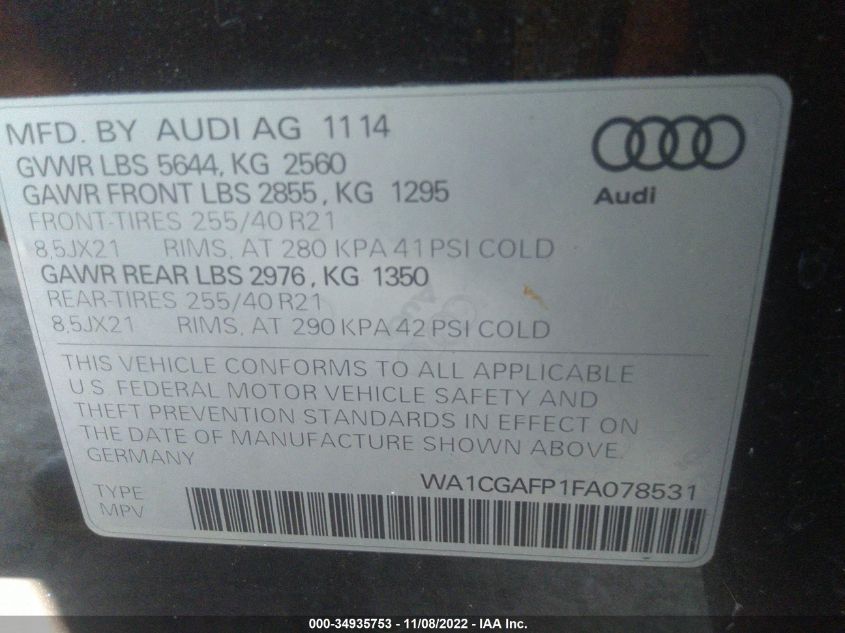 2015 AUDI SQ5 PREMIUM PLUS WA1CGAFP1FA078531