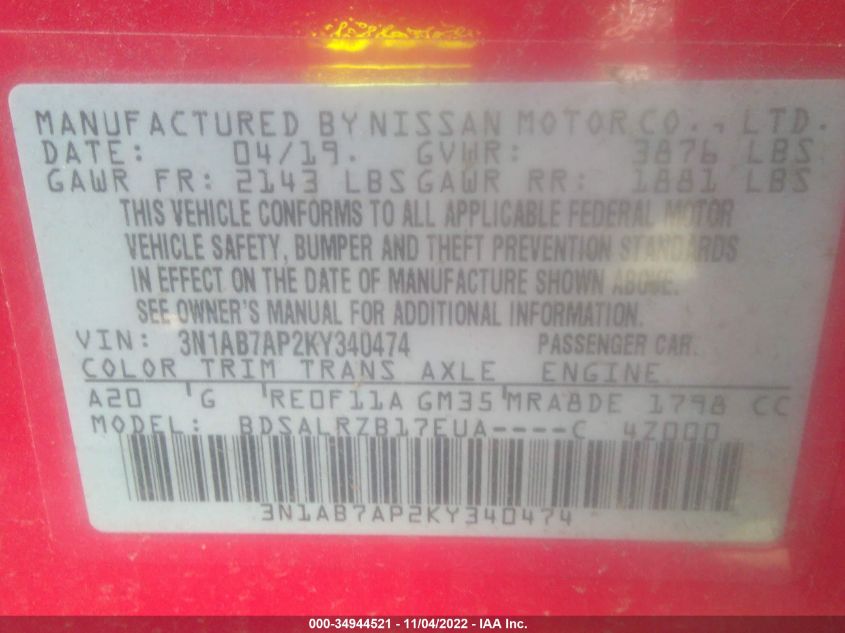 VIN 3N1AB7AP2KY340474 2019 NISSAN SENTRA SR