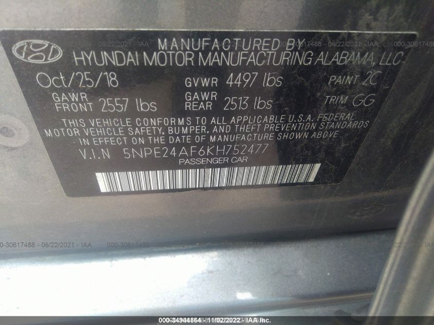 2019 HYUNDAI SONATA SE 5NPE24AF6KH752477