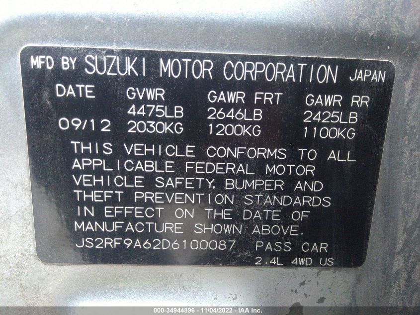 2013 SUZUKI KIZASHI GTS SPORT JS2RF9A62D6100087