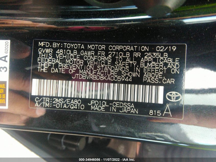 2019 TOYOTA MIRAI JTDBVRBD8KA005944