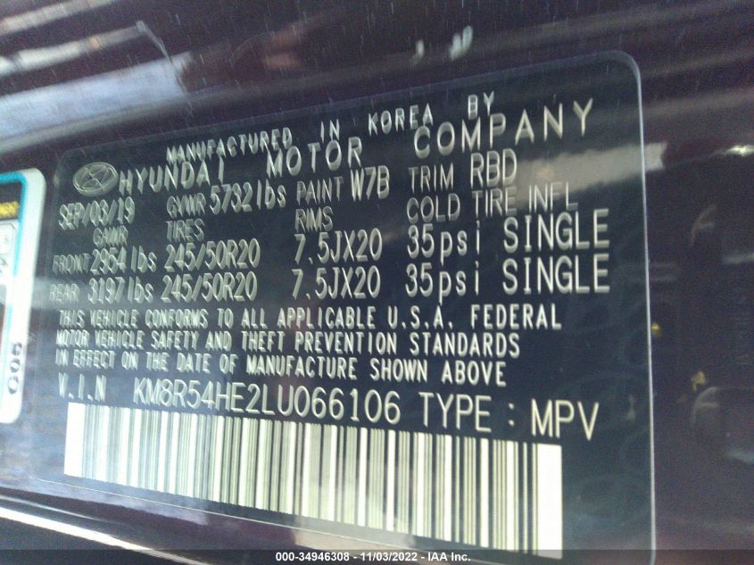 VIN KM8R54HE2LU066106 2020 HYUNDAI PALISADE no.9