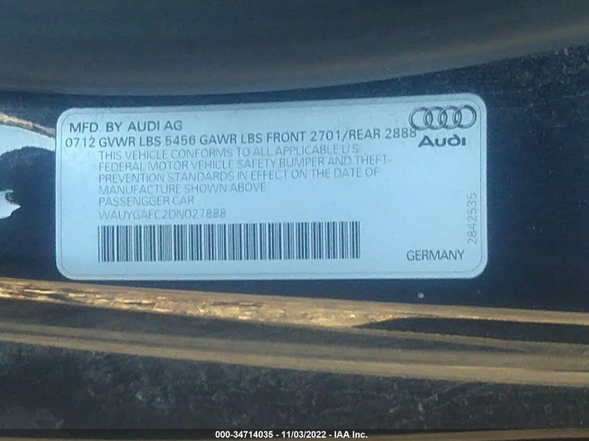 2013 AUDI A7 3.0 PREMIUM PLUS WAUYGAFC2DN027888