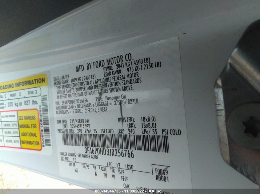 VIN 3FA6P0HD3JR256766 2018 FORD FUSION SE
