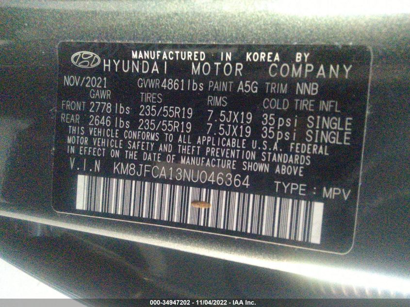 2022 HYUNDAI TUCSON HYBRID SEL CONVENIENCE KM8JFCA13NU046364