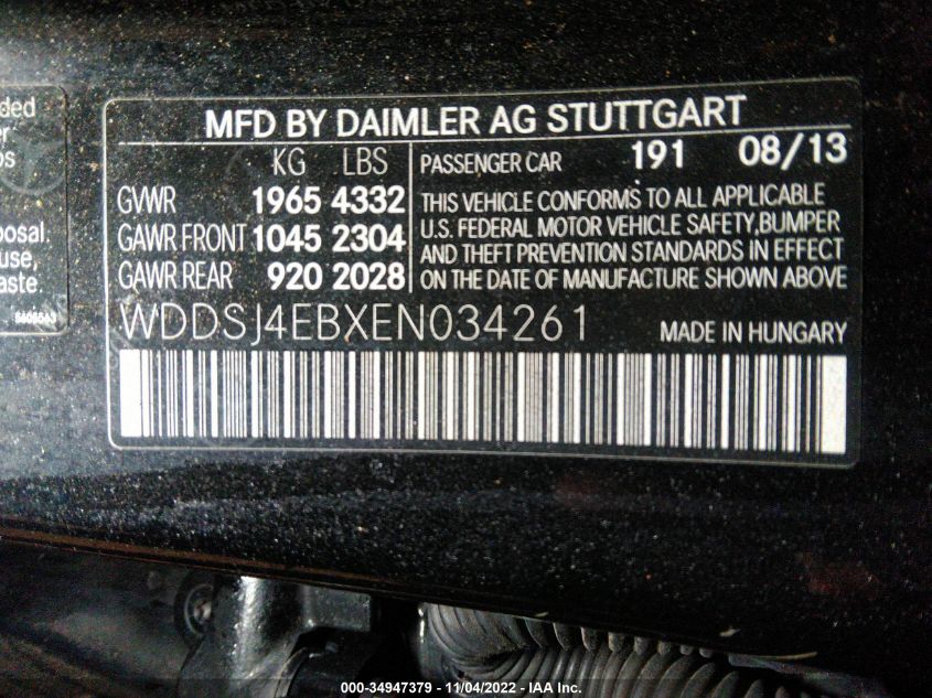 2014 MERCEDES-BENZ CLA-CLASS CLA 250 WDDSJ4EBXEN034261
