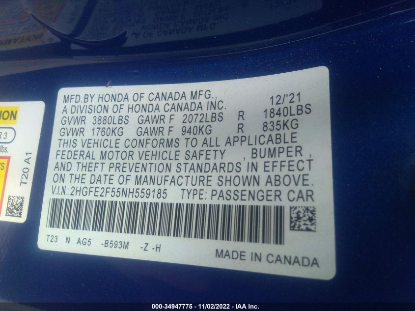 2022 HONDA CIVIC SPORT - 2HGFE2F55NH559185