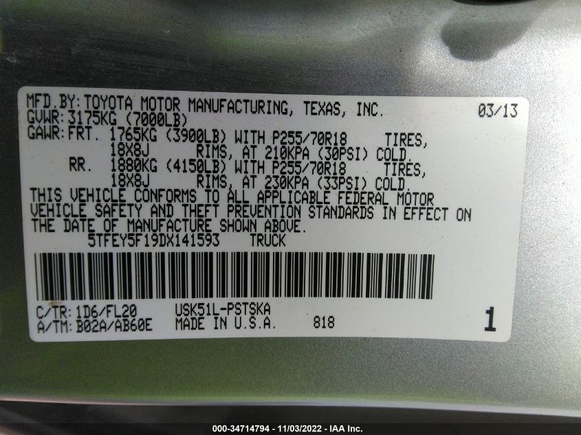 2013 TOYOTA TUNDRA 2WD TRUCK - 5TFEY5F19DX141593