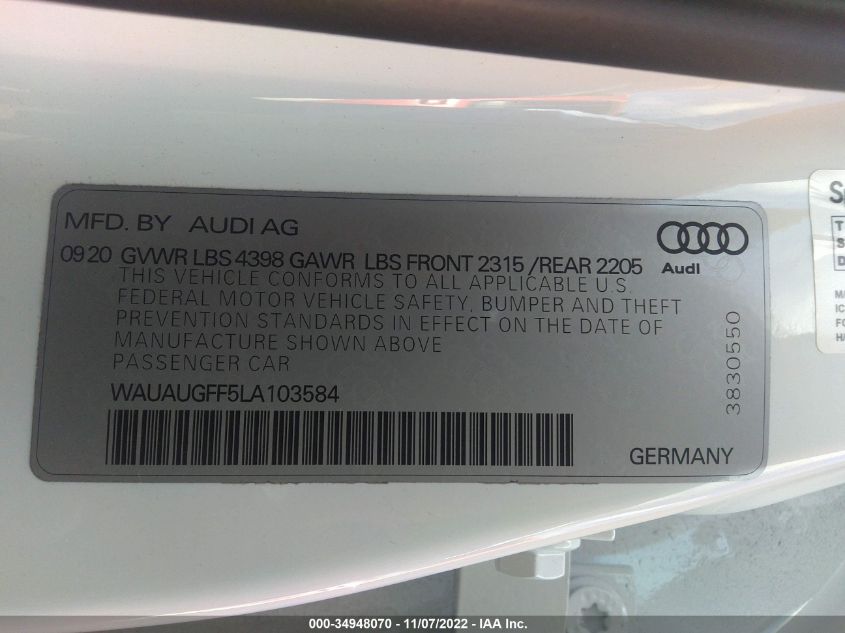 2020 AUDI A3 SEDAN PREMIUM WAUAUGFF5LA103584