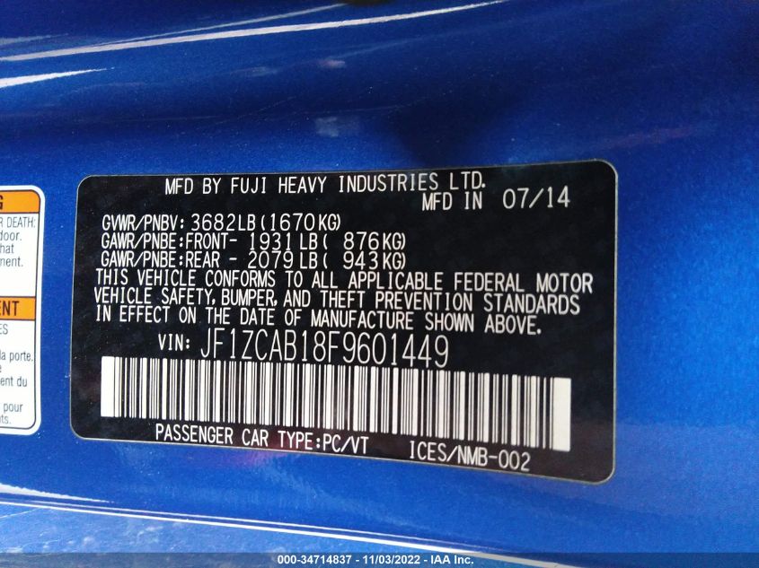 2015 SUBARU BRZ PREMIUM JF1ZCAB18F9601449