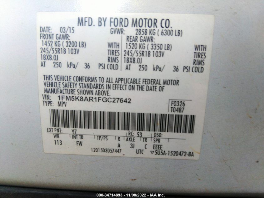2015 FORD UTILITY POLICE 1FM5K8AR1FGC27642