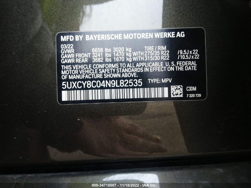2022 BMW X6 M50I 5UXCY8C04N9L82535