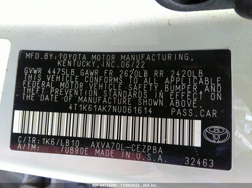 Auction sale of the 2022 TOYOTA CAMRY , vin: 4T1K61AK7NU061614, lot number: 34715294